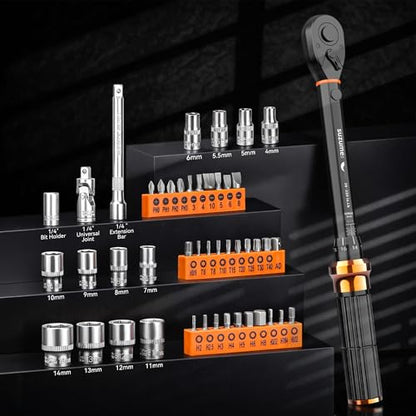 SUZUME 46PCS Bike Torque Wrench Set (20-220 in.lb/2.3-24.9 N.m) ±3% High Accuracy 72 Tooth Click Torque Wrench Set Reversible Head Dual-Scales 1/4 Torque Wrench For MTB Bicycle Maintenance - size: 46 PCS