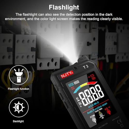 NJTY T3 Smart Digital Multimeter, Ultra-Thin Rechargeable Voltmeter with 3.2" Color LCD, Auto-Ranging 600V AC/DC Tester for Resistance NCV Live Wire Detection - color: Black