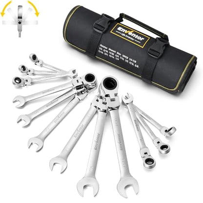Enventor 12 Pieces SAE 1/4-7/8", 180° Flex Head Ratcheting Wrench Set, CRV Steel, 72-Teeth, 12-Point Combination Ratchet Wrenches Set with Rolling Pouch - size: SAE-12PCS