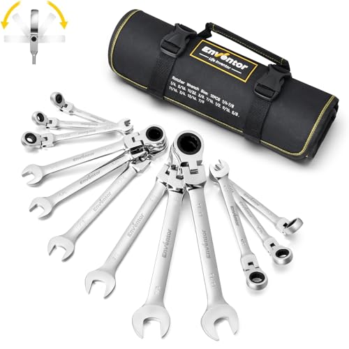 Enventor 12 Pieces SAE 1/4-7/8", 180° Flex Head Ratcheting Wrench Set, CRV Steel, 72-Teeth, 12-Point Combination Ratchet Wrenches Set with Rolling Pouch - size: SAE-12PCS