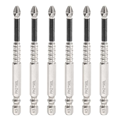 HARFINGTON 6pcs Impact Phillips Screwdriver Bit PH2 (#2) Anti Slip Tip 1/4" Hex Shank 3.54" (90mm) Long Magnetic Cross Screw Driver Industrial Power Drill Bits for Remove Fastening Screws - size: 3.54 inch