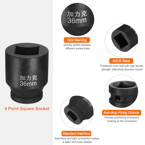 HARFINGTON 4 Point Square Socket 1" Drive by 36mm Metric Square Impact Socket 40CR Blackening Standard Wheel Sockets Pneumatic Socket Tool for Auto Repair Mechanical Maintenance Home Use - size: 36mm