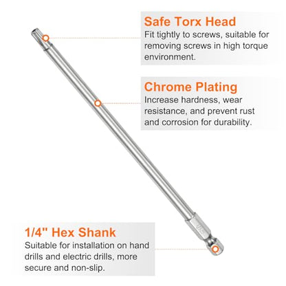 HARFINGTON 2pcs T27 Security Torx Bit 1/4" Hex Shank 6" Long S2 Steel Magnetic Tamper Resistant Star Bits Screwdriver Torx Head with Hole for Driver Drill Bits Remove Fastening Screws - size: T27