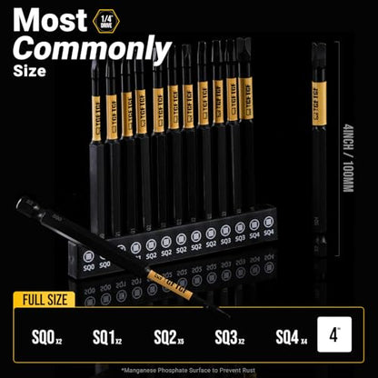 TGFTGF 13-Piece Square Drive Bit Set SQ0-SQ4, 4 inch CNC Machined Robertson Driver Bits SQ0,SQ1,SQ2,SQ3,SQ4, S2 Alloy Steel, Magnetic Impact Driver Bits 1/4" Hex Shank with Storage Box