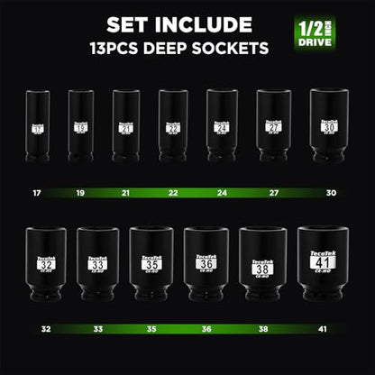 TecoTek 1/2" Drive Deep 6-Point Impact Socket Set, 13-Piece Spindle Axle Nut Impact Socket Set, Cr-Mo, Metric (17mm to 41mm), Enhanced Storage Case - size: 11/16-Inch to 1-5/8-Inch (13 pieces)