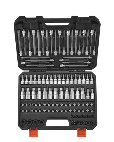 VEVOR Bit Socket Set, 107-Piece SAE and Metric, Hex/Torx/External Torx/Tamper-Proof/Extra Long, S2 Alloy Steel and Cr-V Steel, 1/4 in, 3/8 in, and 1/2 in Drives, with Enhanced Storage Case, Hand Use - style: 107 PCS Hex & Torx & E-Torx