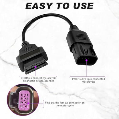 Motorbike OBD1 Adapter Cable 8 Pin for Polaris ATV RZR to OBD2 16 Pin | Motorcycle Diagnostic Connector, Compatible for Slingshot RZR Ranger Sportsman ACE CAN, Work with ELM327 Scanner Code Reader