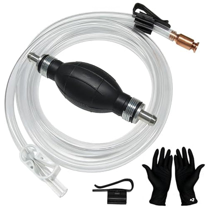 Fuel Transfer Pump, Gas Siphon Pump for Gasoline, Manual Hand Gasoline Transfer Pump for Fuel, Oil, Diesel, Water, Liquid, Fluid with 10 Ft PVC Siphon Hose, Brass, Pinch Clips and Gloves（15mm）