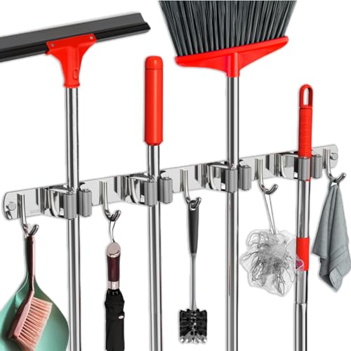 Mop and Broom Holder Wall Mount, Upgraded Broom Hanger Wall Mount, Stainless Steel Broom Organizer for Closet Garage Laundry Room Kitchen Wall Decor(4Racks 5Hooks Silver) - color: Silver, size: 4Racks 5Hooks