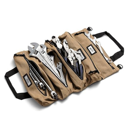 Official Voyager Tool Roll Bag, 5-Pocket 20 x 15 in, Khaki, Made in USA | Easy to Carry Roll Up Tool Bag, 20oz Canvas, Rust-Proof YKK Zippers, Secure Buckle, Durable Gift for Electricians, Mechanics - color: Khaki, size: Voyager - Extra Large (20 x 15 in)