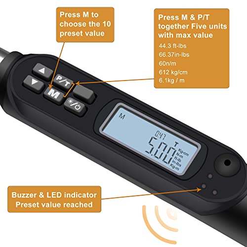MULWARK 3/8" Digital Torque Wrench Electronic Set, with Buzzer & LED, 2.2-44.3 ft-lbs(3-60 Nm), High Precision Adjustable Electronic Torque Wrenches Car Repairing Tool Calibrated with Storage Case