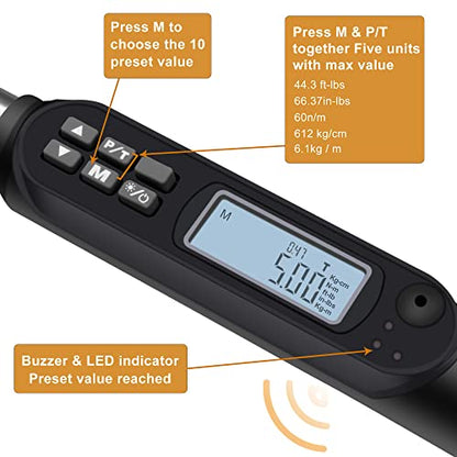 MULWARK 3/8" Digital Torque Wrench Electronic Set, with Buzzer & LED, 2.2-44.3 ft-lbs(3-60 Nm), High Precision Adjustable Electronic Torque Wrenches Car Repairing Tool Calibrated with Storage Case