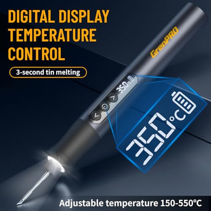 GRENPRO Cordless Soldering Iron Kit, 7 Seconds Fast Heating (300F-1020F), Auto Sleep, 3 Precision Soldering Tips (C210), 360 Swivel Stand, Digital Display, LED Light for Precision Repair