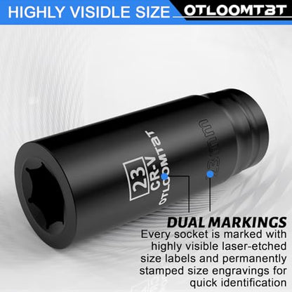 OTLOOMTBT 32PCS Impact Socket Set 1/2" Drive Metric & SAE Deep Sockets | Heavy Duty CR-V Steel Construction with Extension Bar, 6-Point Design, Laser Markings & Storage Case for Auto Repair - style: 32PCS 1/2" Drive Impact Socket Set (Metric/SAE)