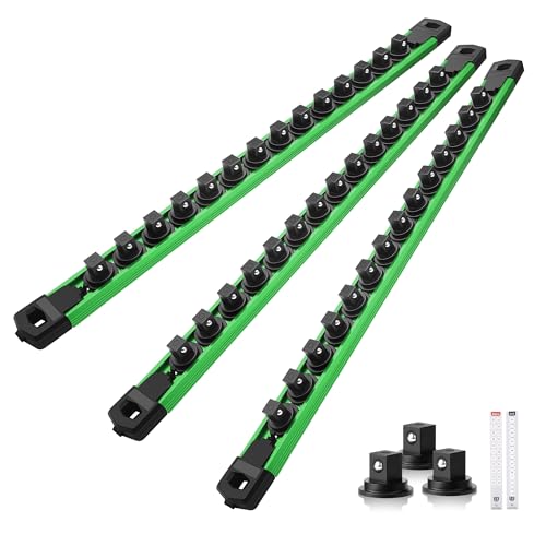 Reniteco Magnetic Socket Organizer Set, 3-Pack 3/8” Socket Rails | 42 Clips, Heavy-Duty Aluminum Alloy Rails, Removable 360° Swivel ABS Clips, Magnetic Base, Tool Box Drawer or Wall Mount - color: Green, size: 3/8-Inch Drive,3pc
