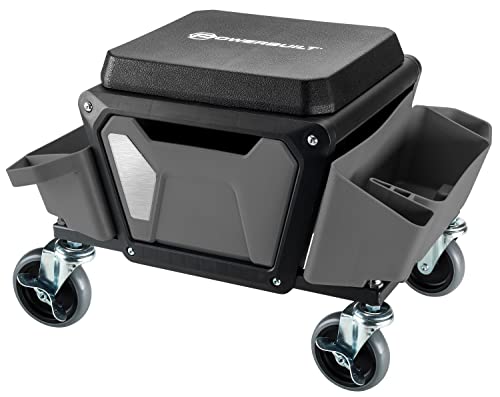 Powerbuilt Rolling Work Seat Brake Stool with 4-inch Rubber Lockable Wheels, Big Seating Platform, Tool Trays and Drawer 330 lb. Capacity, Mechanics, Gardening, Garage - 941881ECE, Grey - style: Grey with Foam Seat Cushion