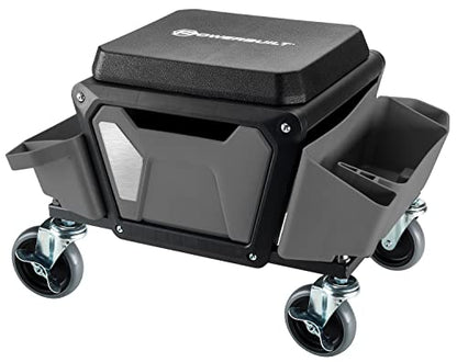 Powerbuilt Rolling Work Seat Brake Stool with 4-inch Rubber Lockable Wheels, Big Seating Platform, Tool Trays and Drawer 330 lb. Capacity, Mechanics, Gardening, Garage - 941881ECE, Grey - style: Grey with Foam Seat Cushion