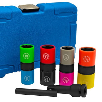 6PCS 8 Size 1/2" Drive Lug Nut Socket Set, Wheel Impact Flip Hex | Metric, Half Size, Non-Marring Flip Socket, Thin Wall Wheel Protector Impact Deep Socket Removal Tool, Knockout Bar, CR-MO - size: 6Pcs