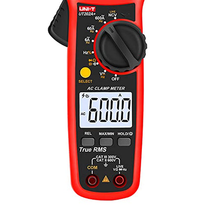 UNI-T Digital Clamp Meter UT202A+, AC Current TRMS HVAC Volt Amp Ohm Meter Clamp On Multimeter Auto Ranging 6000 Counts AC DC Voltage Frequency Resistance Capacitance Continuity Diode Live Wire Tester - size: UT202A+