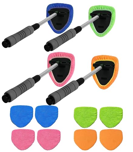 Car Windshield Cleaner Tool with Reusable Microfiber Pads Extendable Handle (1, Green) - color: Green