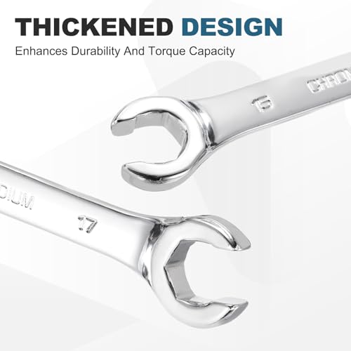 HARFINGTON 2 Pcs Flare Nut Wrench 15mm x 17mm Metric Double Open End Thick Spanner Mirror Polish Finish 45# Steel Brake Line Wrench For Fuel Tube Hose Transmission Line, Silver - size: 15mm x 17mm