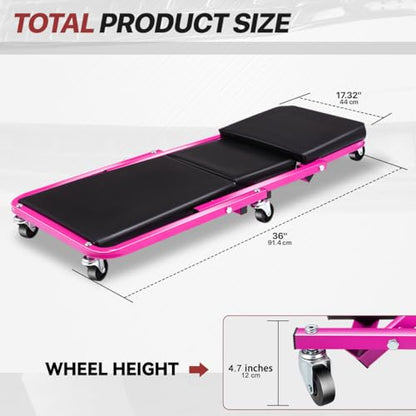 Foldable Creeper, 2-in-1 Rolling Garage Z Creeper Car & Seat, 36" Roller Mechanics Under Car Chair, 330 LBS Weight Capacity Heavy Duty, Rose Pink - color: Pink, size: 36 Inch Length