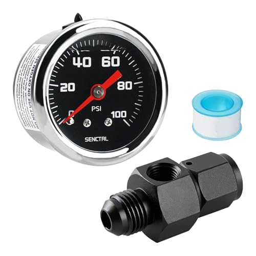 SENCTRL 0-100 Psi Fuel Pressure Gauge Kit with 6AN Fitting, Inline Low Pressure, Glycerin Liquid Filled, 1.5" Black Dial 1/8" NPT Back Mount for EFI Fuel System, Fuel Regulator Adapter, Engine - size: 0-100 Psi, style: Back Mount with 6AN fitting (Black d