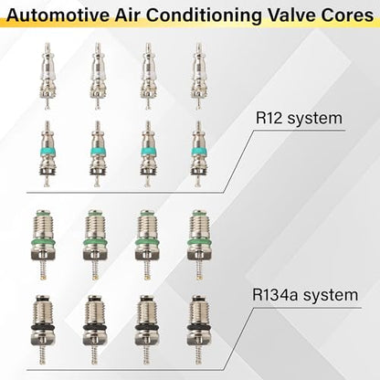 39 PCS Air Conditioning Valve Core Accessories Kit, R12 R134a Refrigeration Schrader Tire Valve Stem Cores with Single & Dual Heads Valve Core Remover Installer Tool, HVAC System Seal Caps Kit