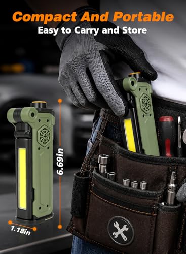 Rechargeable LED Work Light, 5000mAh Magnetic Flashlight with Stepless Dimming, SOS Red Strobe & Loud Alarm, Rotatable & Foldable Mechanic Light for Car Repair, Camping & Emergency (1 Pack Green) - color: Green