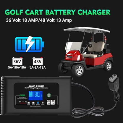 Aorika Golf Cart Battery Charger, Club Car 36 Volt 18 AMP/48 Volt 13 Amp Battery Charger with 3 Pin Round Plug, for Lithium, LiFePO4, Lead-Acid AGM/Gel/SLA Batteries - color: BLACK-P3648H