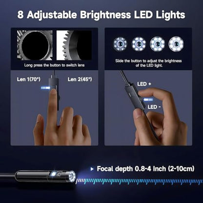 Endoscope Camera with Light,1920P HD Borescope with 8 Adjustable LED Lights, IP67 Waterproof 16.5FT Semi-Rigid Snake Camera, Snake Cord Inspection Camera for iPhone, iPad and Android Phone-5M