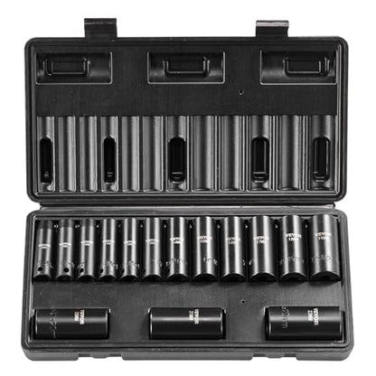 VEVOR 3/8" Drive Impact Socket Set, 15 Piece Deep Socket Set Metric 8-22mm, 6 Point Cr-Mo Alloy Steel for Auto Repair, Easy-to-Read Size Markings, Rugged Construction, Includes Storage Case - style: 3/8" 15PCS CR-MO