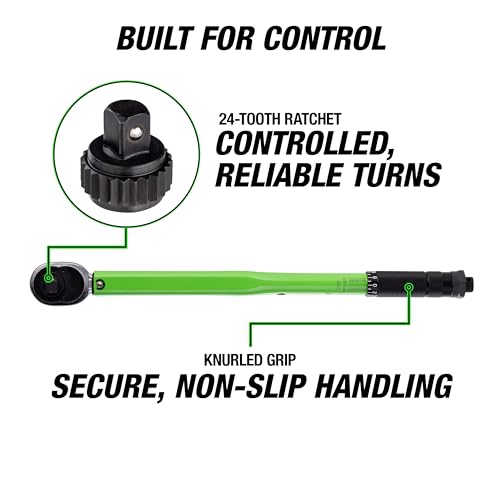 OEMTOOLS 25694 3/8” Drive Click-Style Torque Wrench | Green | 14.5” Long | 10-80 Ft-Lb (13.558-108.47 Nm) | Accurate to +/- 4% | Knurled Handle for a Secure Grip | Clicks at Desired Torque - size: 3/8" Dr. 10-80 Ft/Lbs