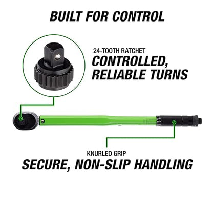 OEMTOOLS 25694 3/8” Drive Click-Style Torque Wrench | Green | 14.5” Long | 10-80 Ft-Lb (13.558-108.47 Nm) | Accurate to +/- 4% | Knurled Handle for a Secure Grip | Clicks at Desired Torque - size: 3/8" Dr. 10-80 Ft/Lbs