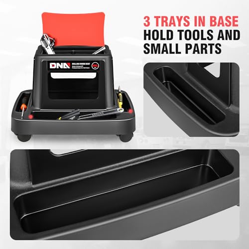 DNA Motoring Mobile Plastic Tool Seat Rolling Garage Work Stool with Under-Seat Storage & Tray for Workshop Auto Repair Shop, Red/Black, TOOLS-00367 - style: UP200lbs Red