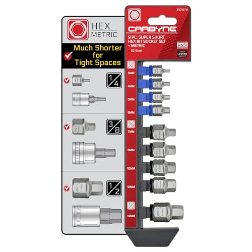 CARBYNE 9-Piece Metric Stubby Low Profile Hex (Allen) Bit Socket Set, 3mm to 14mm, S2 Steel, Super Short Allen Sockets, Dual Drive Internal Square and External Hex for Tight Confined Spaces - size: Metric Hex