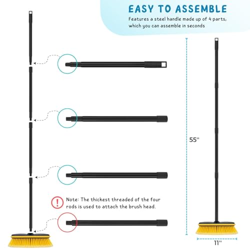 Car Wash Brush with Long Handle, 55'' Vehicles Exterior Washing Supplies, Soft Bristle Scrub Broom for Solar Panel, Boat, RV, Truck, Deck Cleaning, 2 Wax Applicator Pads Included