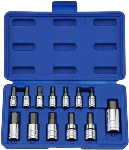 NEIKO 10074A Metric Hex Bit Socket Set | 13-Piece Set | S2 and Cr-V Steel | 1/4-Inch, 3/8-Inch and 1/2-Inch Drive | 2mm to 14mm - size: 13 Piece, style: Allen Hex Bit