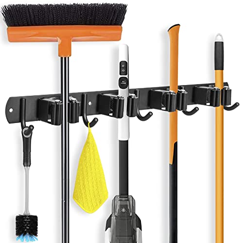 IMILLET Broom and Mop Holder Wall Mounted, Stainless Steel Broom Organizer Heavy Duty Tools Organizer Self Adhesive Mop Holder for Home Laundry Room Garage Garden (4 Racks and 5 Hooks) - color: 4 Racks with 5 Hooks, size: 1 Pack