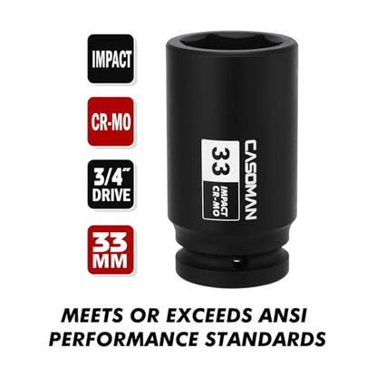 CASOMAN 3/4" Drive 33 mm Axle Nut Impact Socket, CR-MO, 6 Point Deep Impact Socket (33MM) for Easy Removal of Axle Shaft Nuts - size: 3/4-Inch Drive
