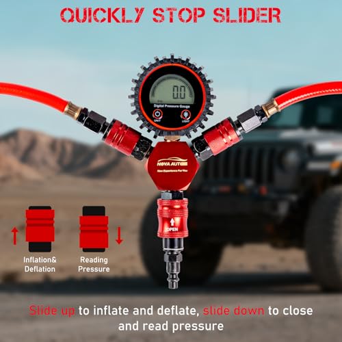 4 Tire Inflation Deflation System W/300PSI Digital Pressure Gauge | Fits up to 200" Wheelbase, Plastic Carry Box & Heavy Duty Hoses, Fits Truck, Car, Trailer, Motorcycle Offroad Vehicles, Red - color: Red