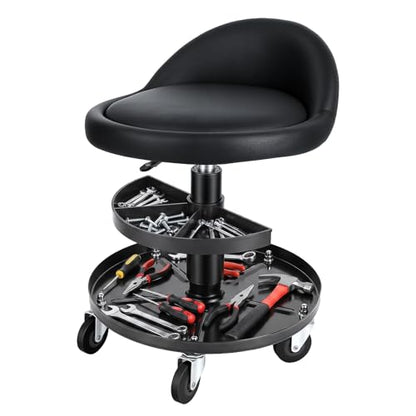 Rolling Shop Stool with Wheels and Backrest, 16–21.6 Inch Height Adjustable Garage Mechanic Stool, Low Rolling Work Seat with 2-Tier Tool Trays for Auto Repair Workshop Salon 300 lb Capacity (Black)