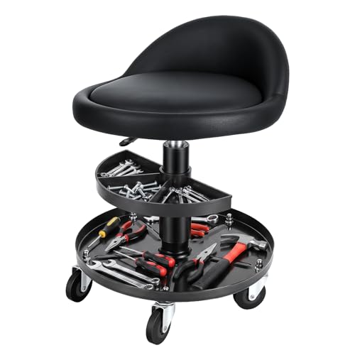 Rolling Shop Stool with Wheels and Backrest, 16–21.6 Inch Height Adjustable Garage Mechanic Stool, Low Rolling Work Seat with 2-Tier Tool Trays for Auto Repair Workshop Salon 300 lb Capacity (Black)