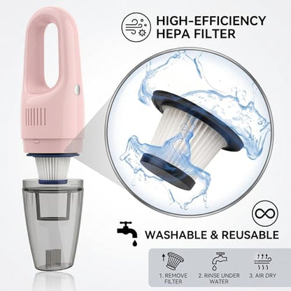 Pink Cordless Portable Car Vacuum Cleaner, High Power Handheld Vacuum | Rechargeable Lightweight Desk Duster Detailing Kit for Auto Interior & Kitchen, Aesthetic Car Accessories for Women