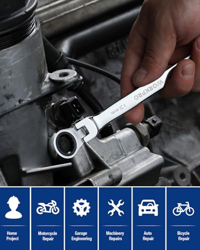 WORKPRO 13 mm Ratcheting Combination Wrench Metric, CR-V Constructed with Mirror Polish Chrome Plating, 12-Point Design, 15-Degree Offset - size: 13 mm, style: Mirror Polish