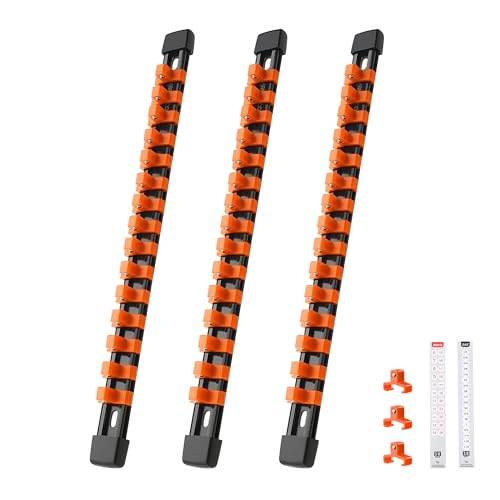 Reniteco 3-Piece Socket Organizer - 3/8-Inch Drive x 45 Clips, Heavy Duty ABS Socket Holder with Removable End Caps, Premium Socket Rail for Tool Box Drawer - color: Orange, size: 3/8" DR