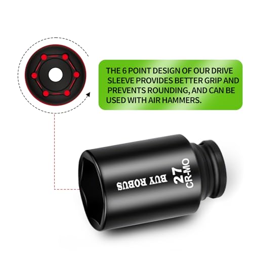 27mm Socket 1/2 Drive Deep Impact SAE Socket, 6 Point CR-MO for Easy Removal of Axle Nut - size: 27mm socket
