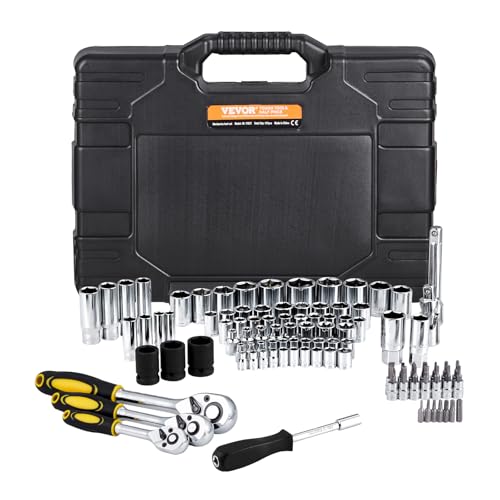 VEVOR 121-Piece Mechanics Tool Set - 1/4" 3/8" 1/2" Drive Sockets - SAE and Metric Mechanic Tool Kit with Bits - Ratchet Handle, Wrenches, Accessories, and Plastic Storage Case for Automotive Repair - size: 1/4"&3/8"&1/2", style: 121 PCS
