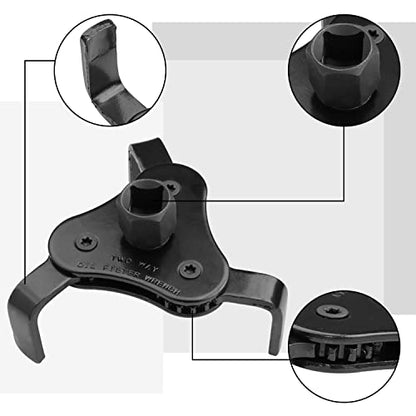 Universal Adjustable Oil Filter Wrench, Carbon Steel, Black, 1/2 & 3/8 Inch Square Drive Socket, 3-Jaw & 2-Way Design | 1/2 & 3/8 Inch Square Drive Socket, 3-Jaw & 2-Way Design - style: Universal
