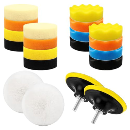 22 PCS Car Foam Polishing Pads Kit, 3 Inch Polisher Kit with Hook and Loop Backing Pads & M10 Drill Adapter, Sponge Pad Wool Buffing Pad Drill Polishing Set for Car Waxing - color: 22 PCS